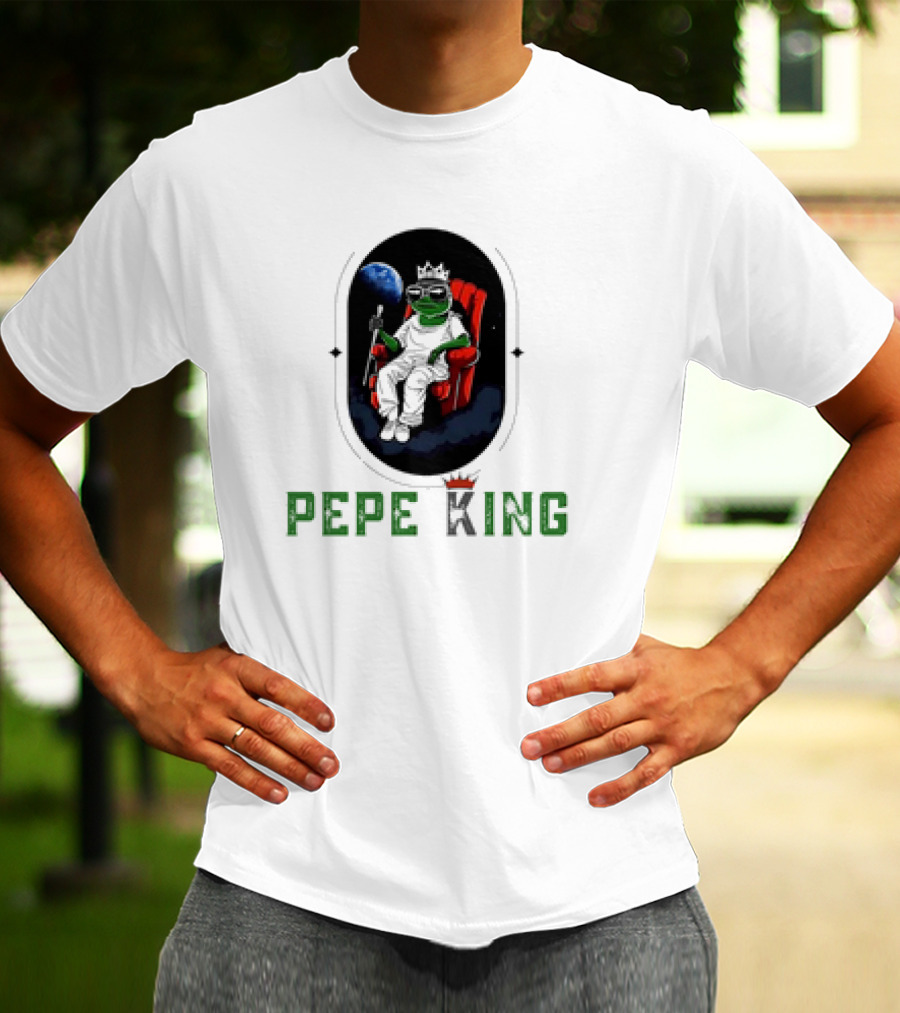 Pepe King Meme Coin Earth Throne Crown Chair T-Shirt