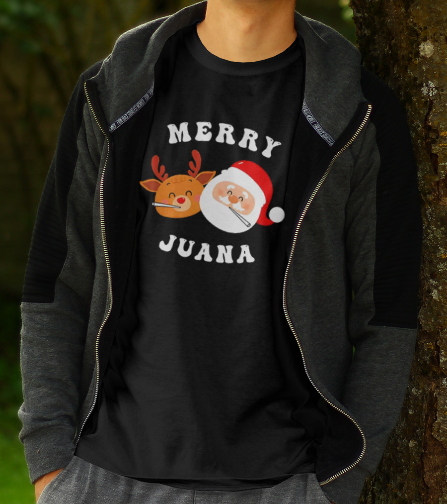 Merry Juana Christmas Santa And Reindeer Smoking Holiday Fun T-Shirt