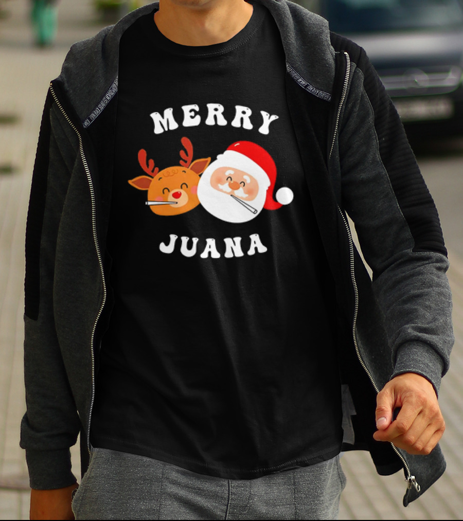 Merry Juana Christmas Santa And Reindeer Smoking Holiday Fun T-Shirt