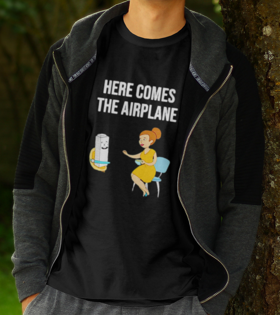 HERE COMES THE AIRPLANE CARTOON TOILET PAPER AND WOMAN ON CHAIR T-Shirt