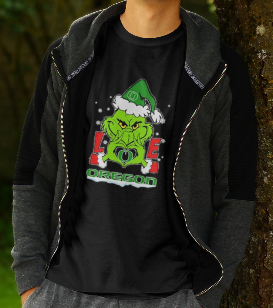 Grinch Hand Love Oregon Ducks Christmas Santa Hat Snowflakes T-Shirt