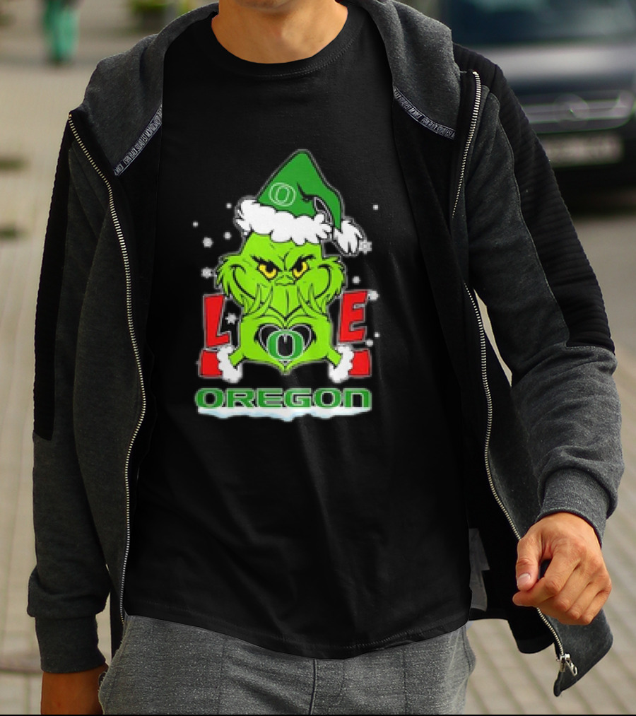 Grinch Hand Love Oregon Ducks Christmas Santa Hat Snowflakes T-Shirt