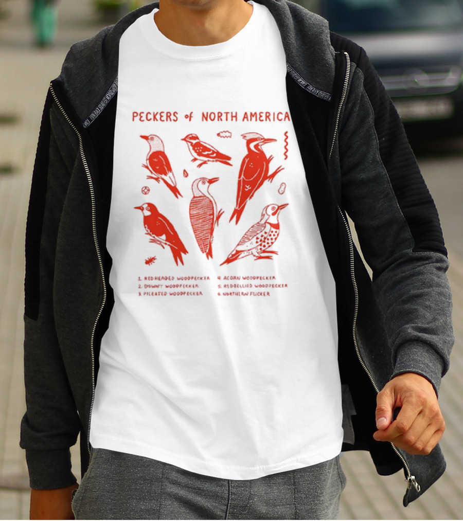 Peckers Of North America: Red-Headed, Downy, Pileated, Acorn, Red-Bellied Woodpeckers, And Northern Flicker T-Shirt