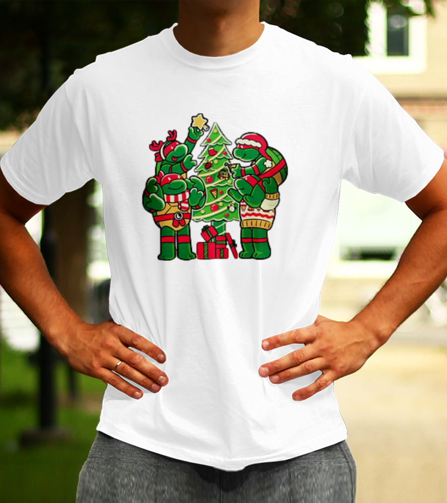 Cozy Xmas Teenage Mutant Ninja Turtles Christmas Tree Decorating Scene T-Shirt