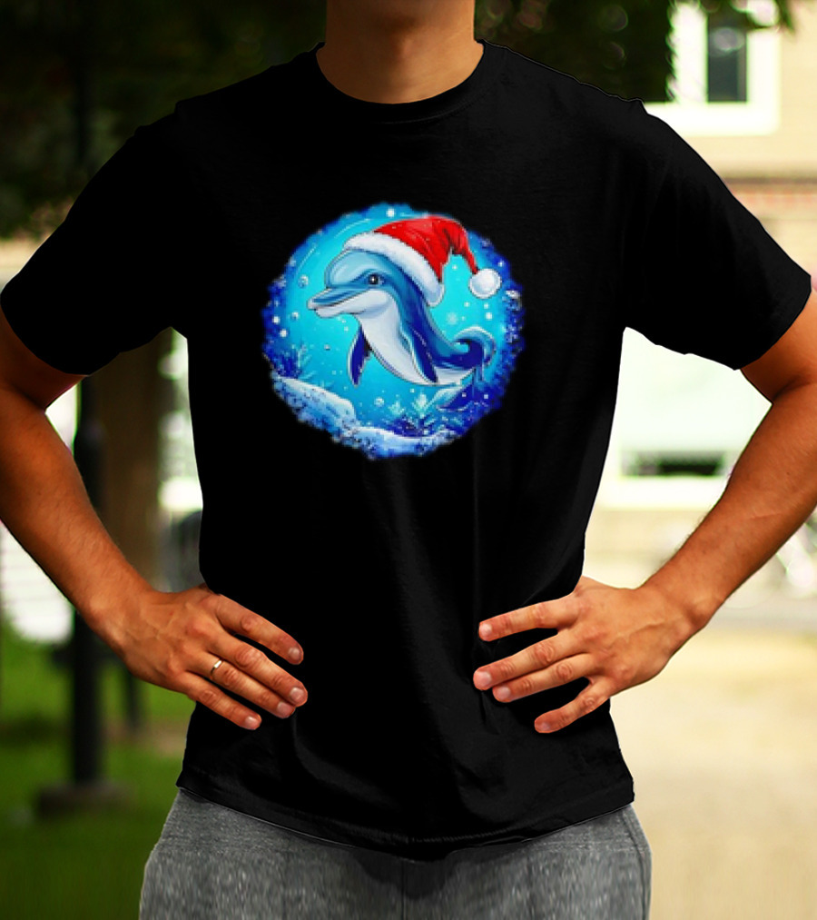 Dolphins Christmas Cute Santa Hat Snowflakes T-Shirt