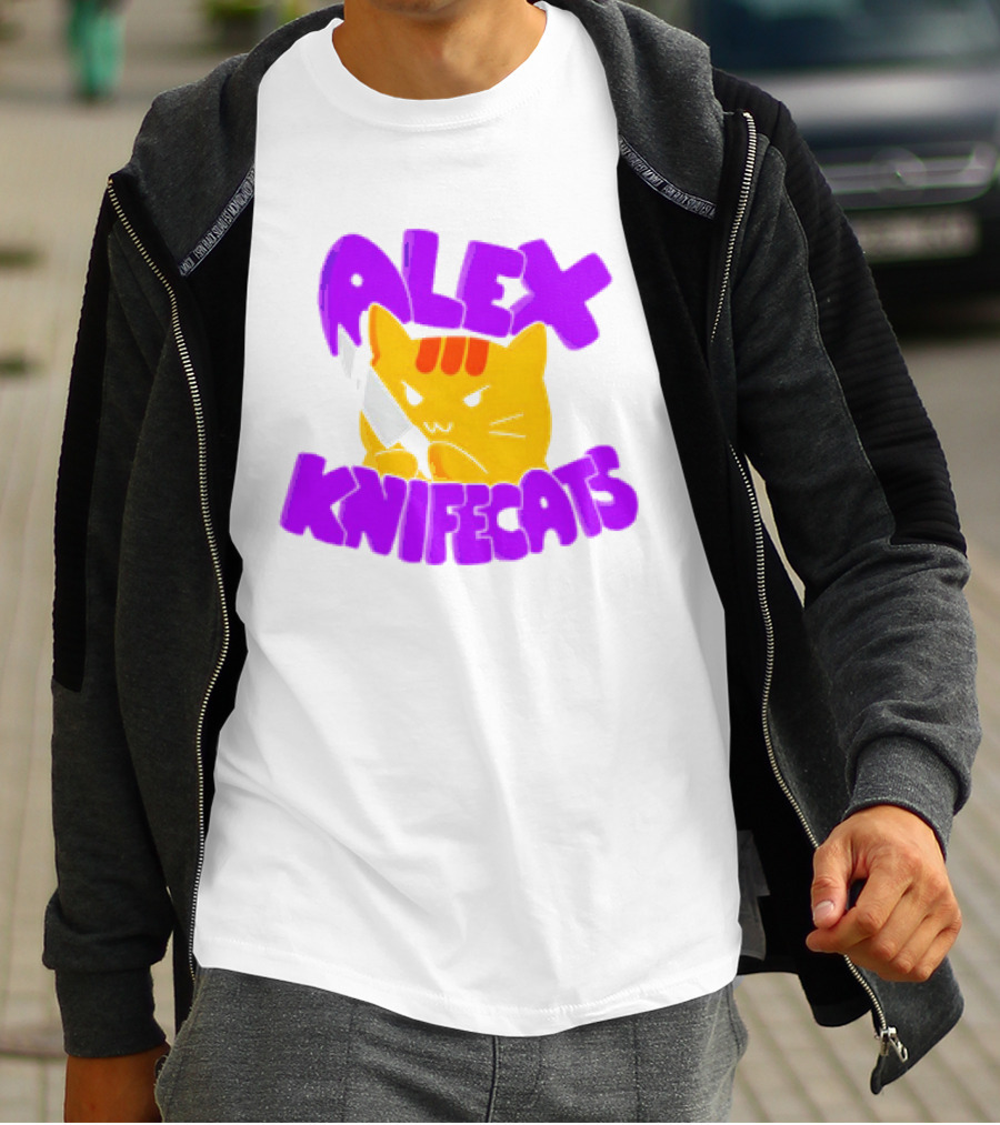Alex Knifecats Orange Cat Purple Text T-Shirt
