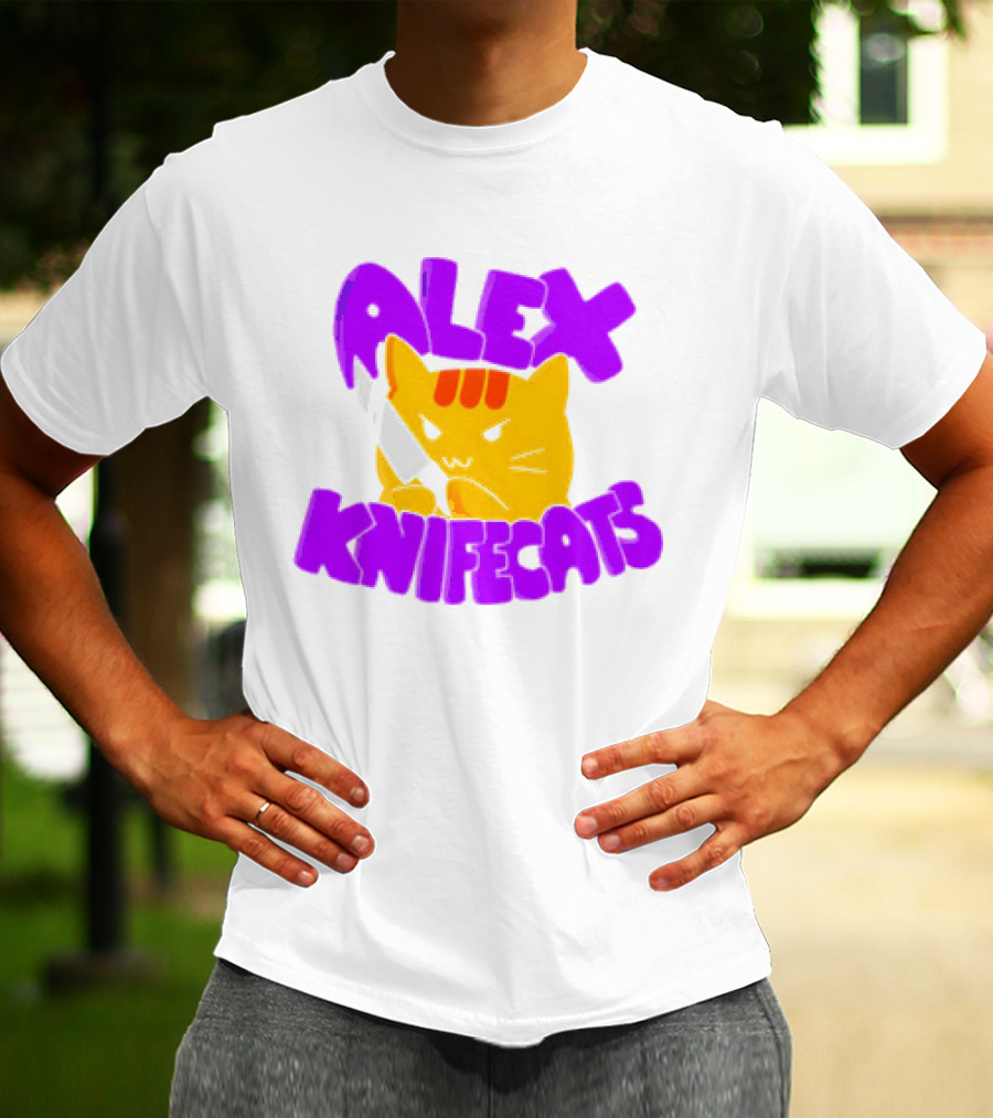Alex Knifecats Orange Cat Purple Text T-Shirt
