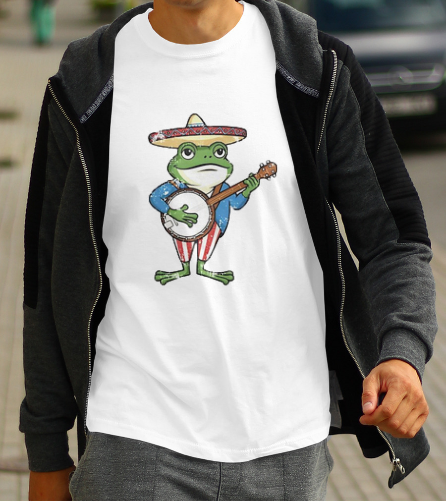 Frog In Sombrero Playing Banjo In Patriotic T-Shirt