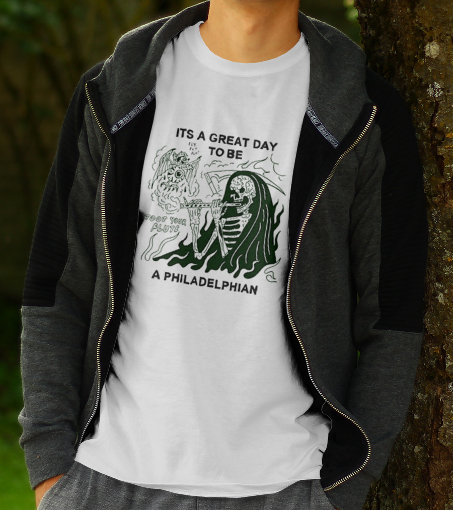 Skeleton Playing Flute With Owl It's A Great Day To Be A Philadelphian T-Shirt