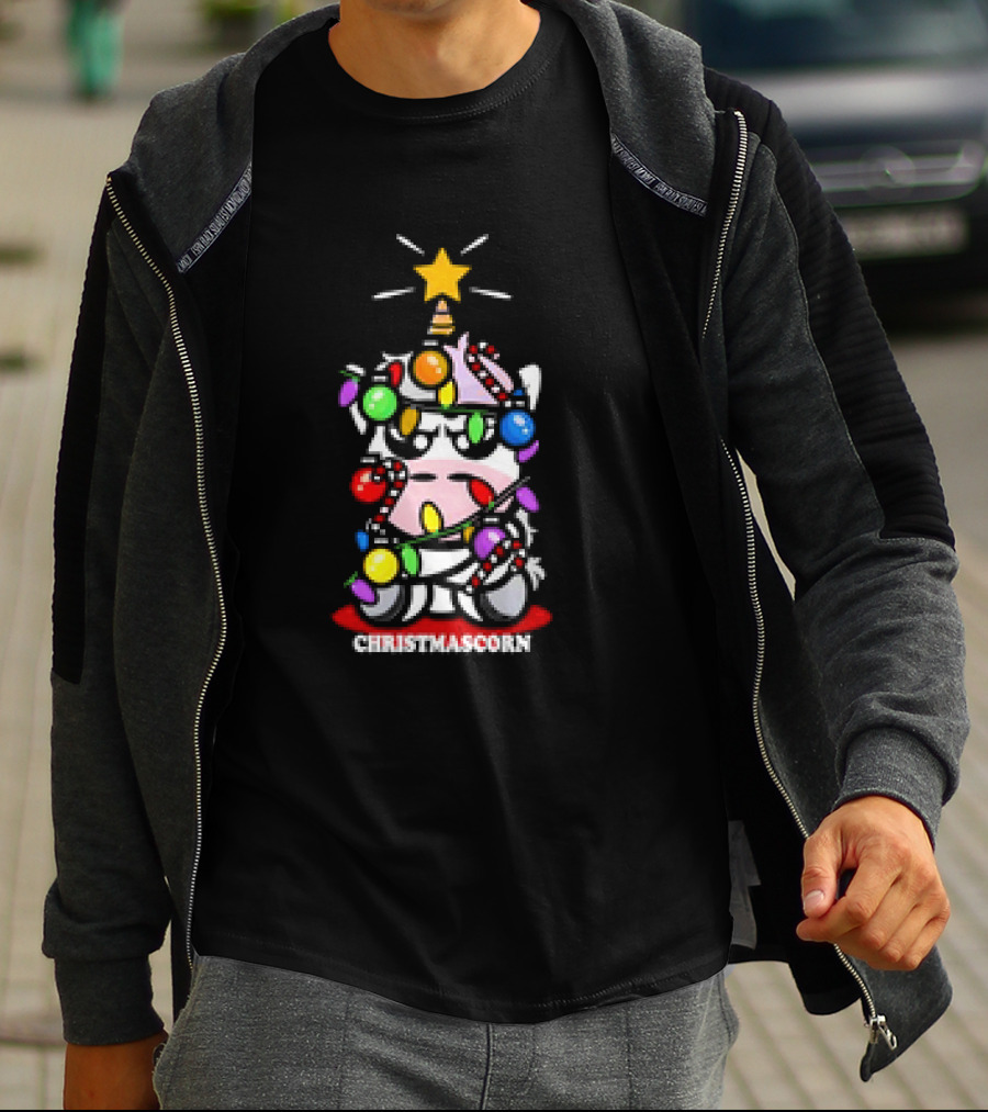 Christmascorn Unicorn Wrapped In Lights And Candy Canes T-Shirt