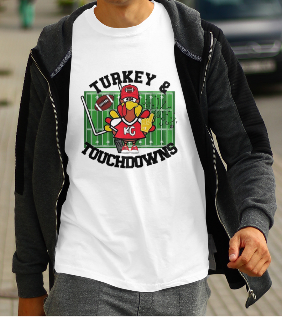 Turkey And Touchdowns Kansas City Chiefs Football Field Cartoon T-Shirt