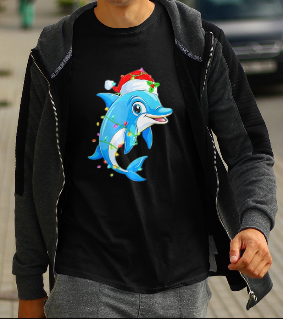 Dolphin In Santa Hat Wrapped In Christmas Tree Lights Pajamas T-Shirt