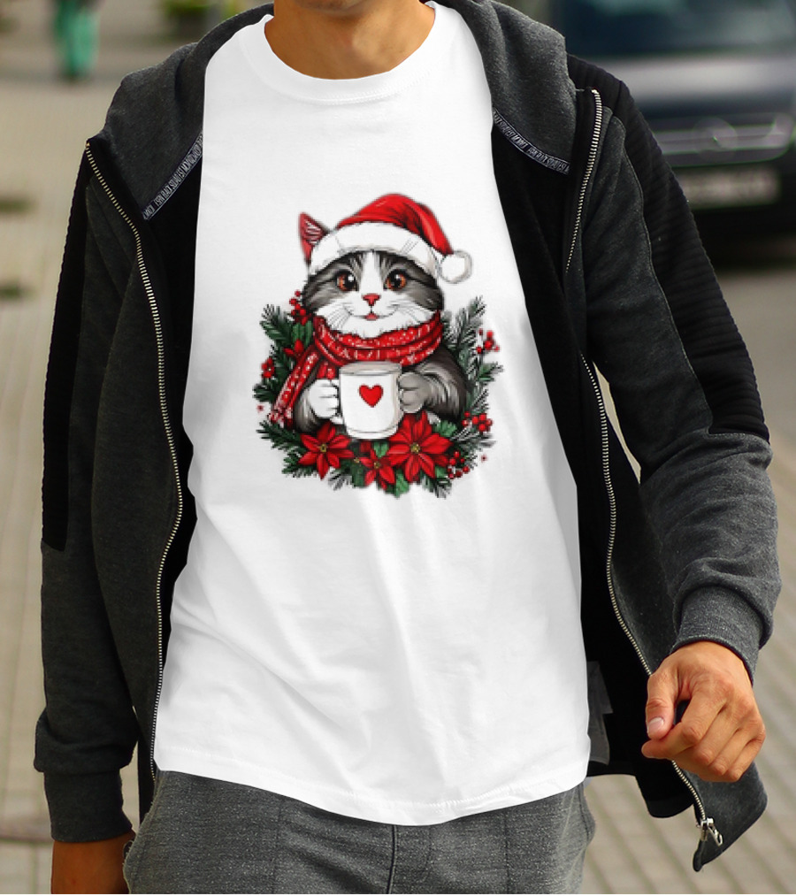 Christmas Cat Santa Hat Coffee Mug Festive T-Shirt