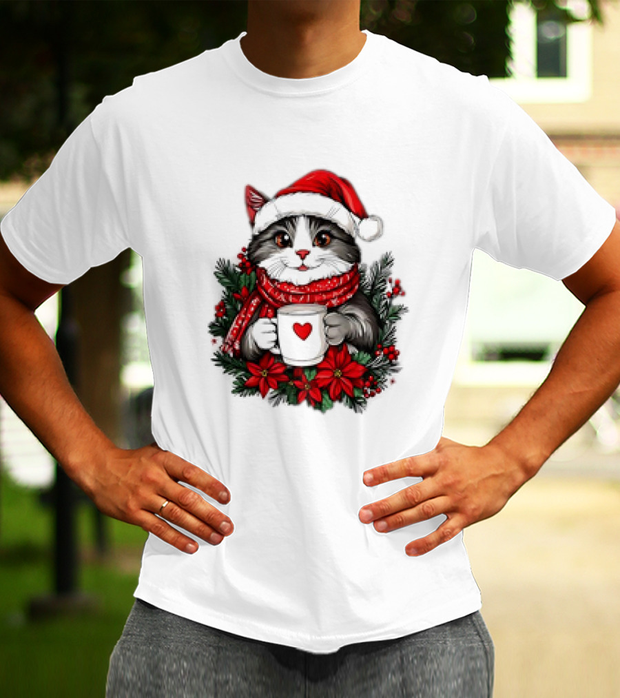 Christmas Cat Santa Hat Coffee Mug Festive T-Shirt