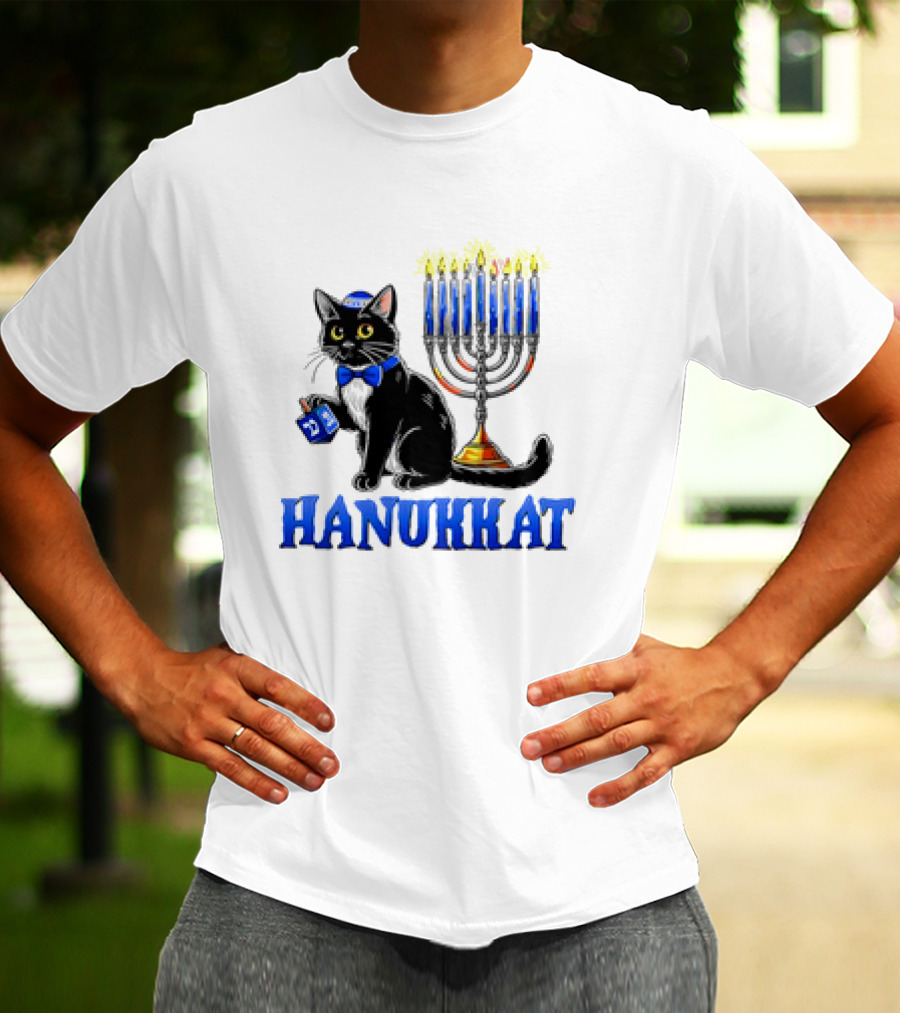 Hanukkat Cute Happy Hanukkah Jewish Cat Menorah Chanukah T-Shirt