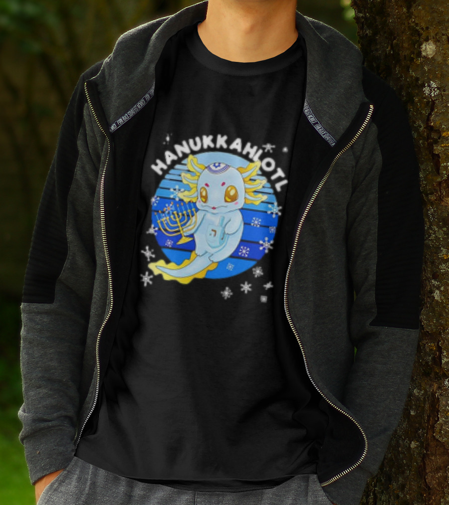 Hanukkahlotl Axolotl Dreidel Menorah Snowflakes Retro T-Shirt