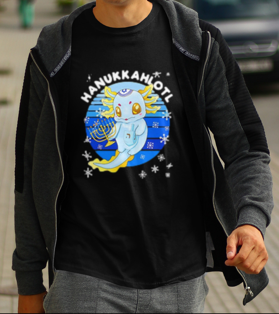 Hanukkahlotl Axolotl Dreidel Menorah Snowflakes Retro T-Shirt