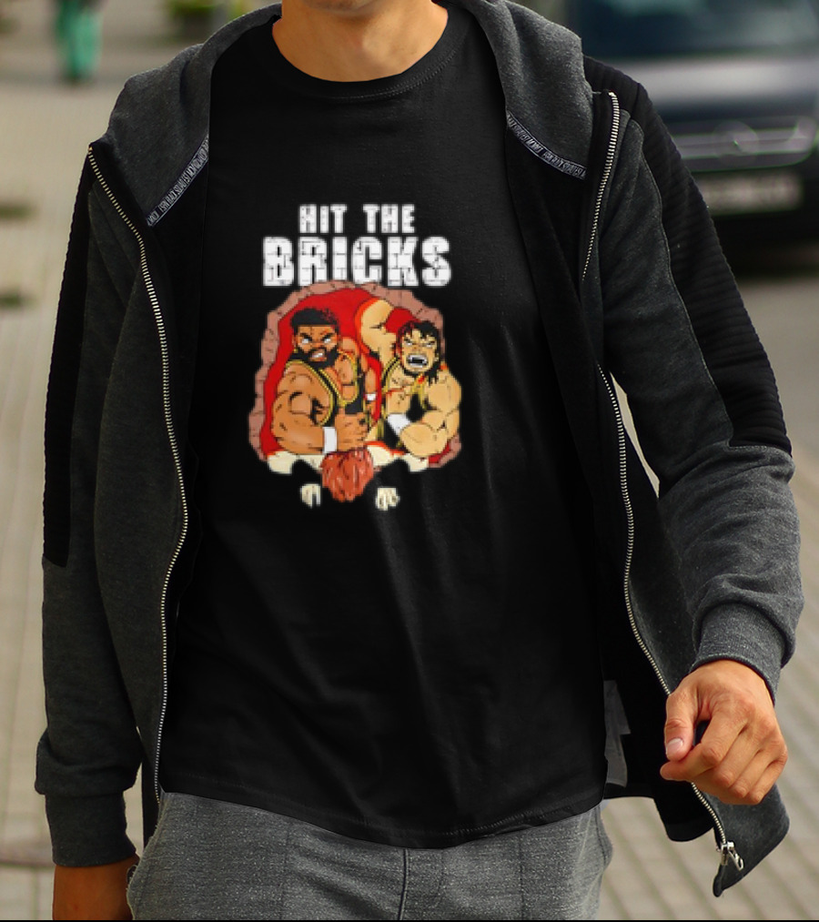 Hit The Bricks Cartoon Wrestlers Breaking Through Wall T-Shirt