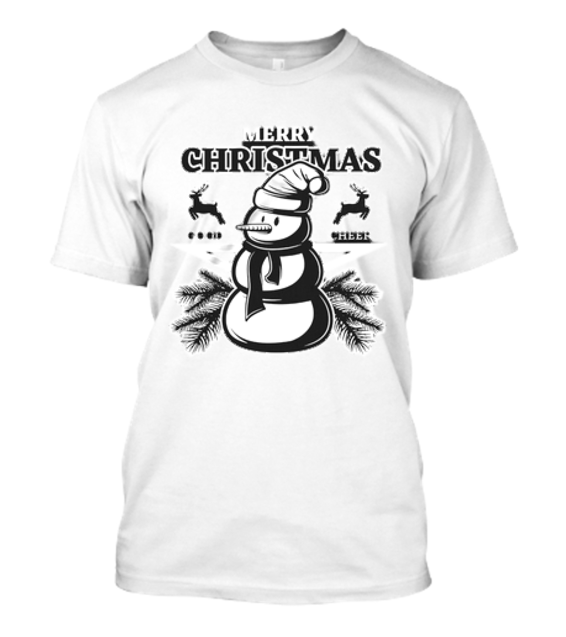Merry Christmas Good Cheer Snowman With Reindeer And Pine Branches T-Shirt
