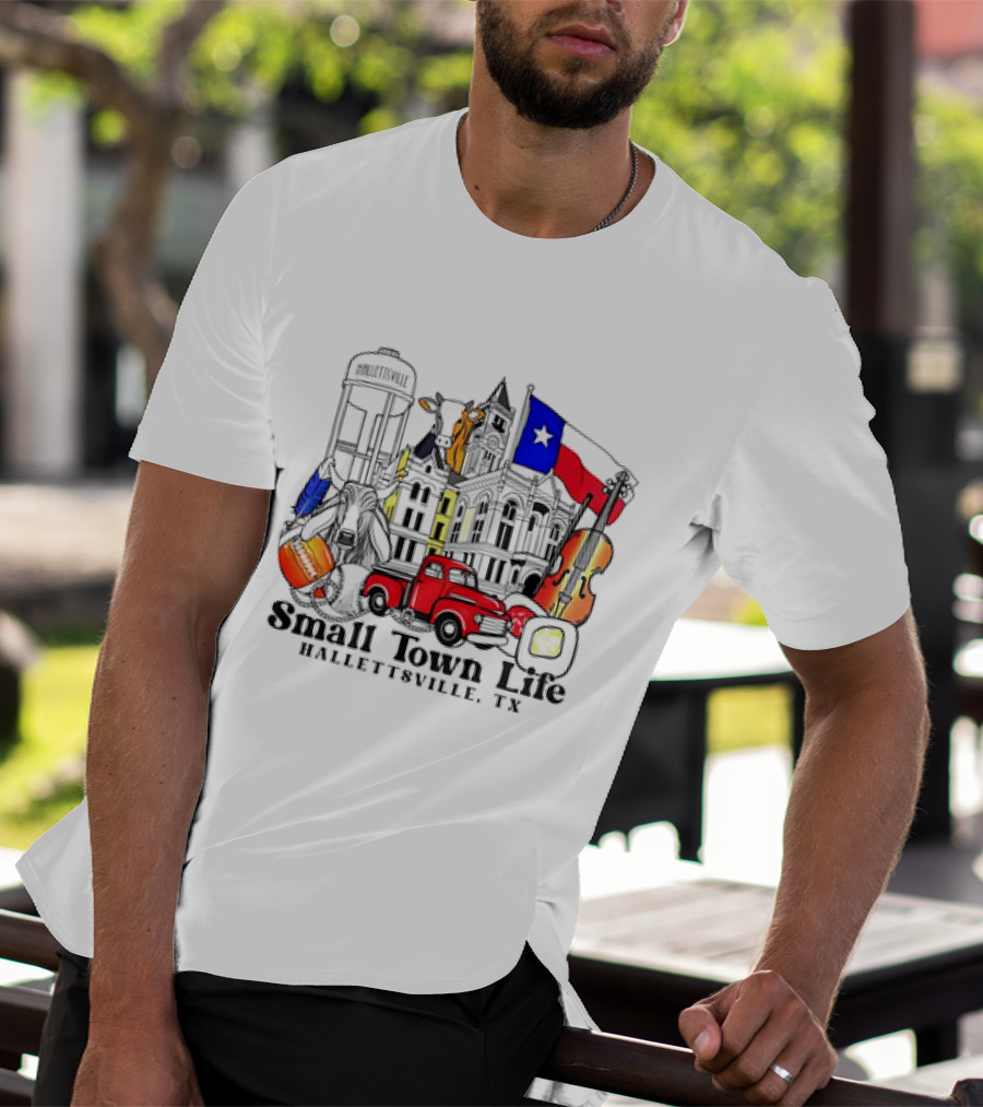 Small Town Life Hallettsville TX Water Tower Historic Courthouse Red Truck Texas Flag Cow Guitar T-Shirt