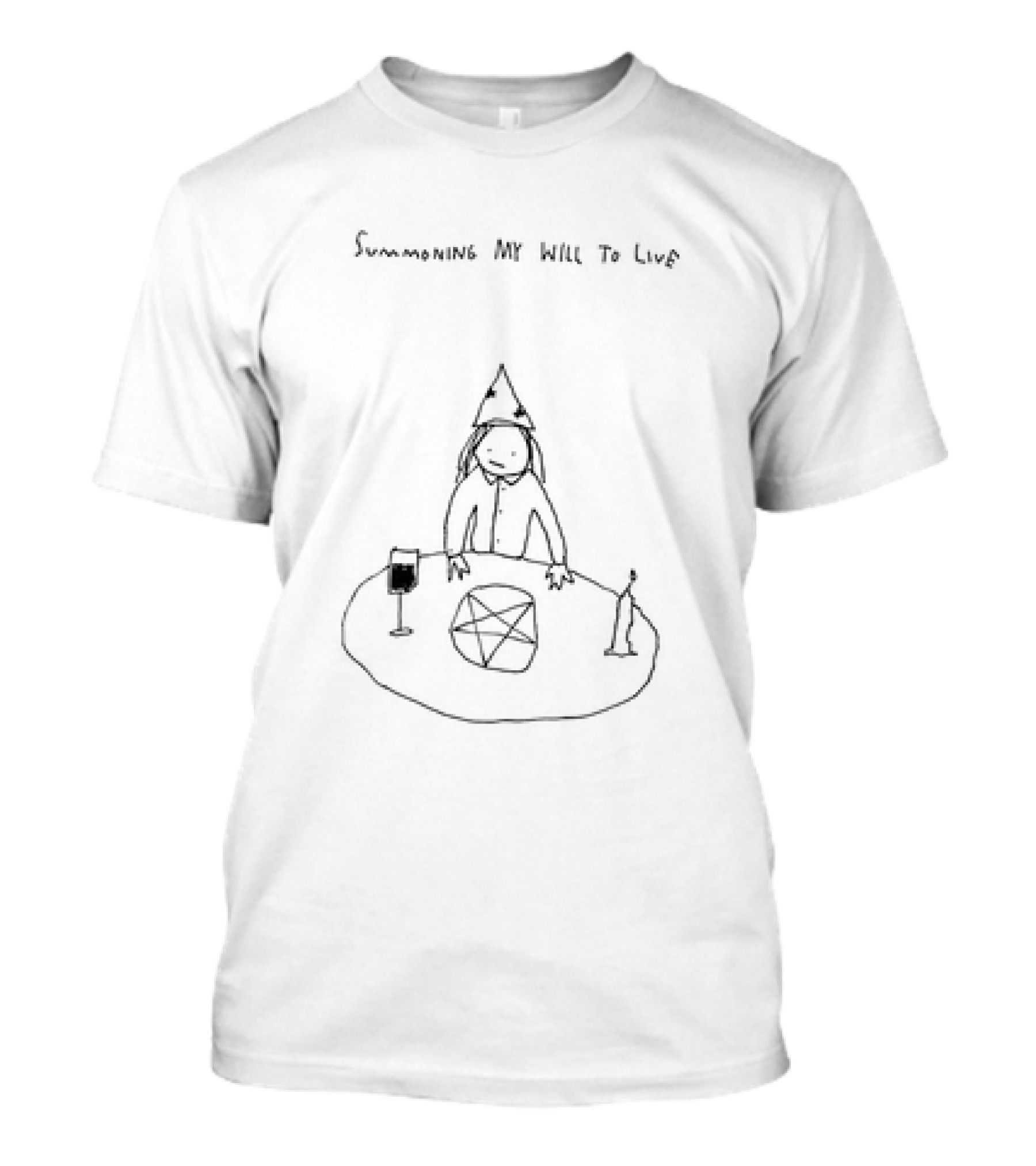 Summoning My Will To Live Wizard Hat Pentagram Candle Wine Sketch T-Shirt
