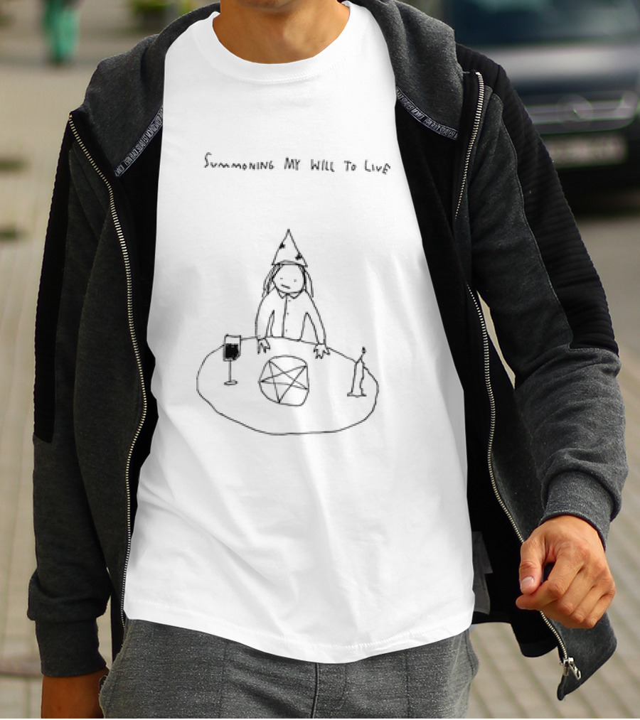 Summoning My Will To Live Wizard Hat Pentagram Candle Wine Sketch T-Shirt