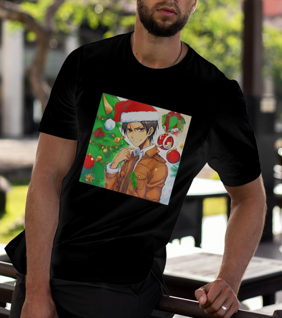 Eren Yeager Santa Hat Christmas Attack On Titan Anime Festive Tree Ornaments T-Shirt