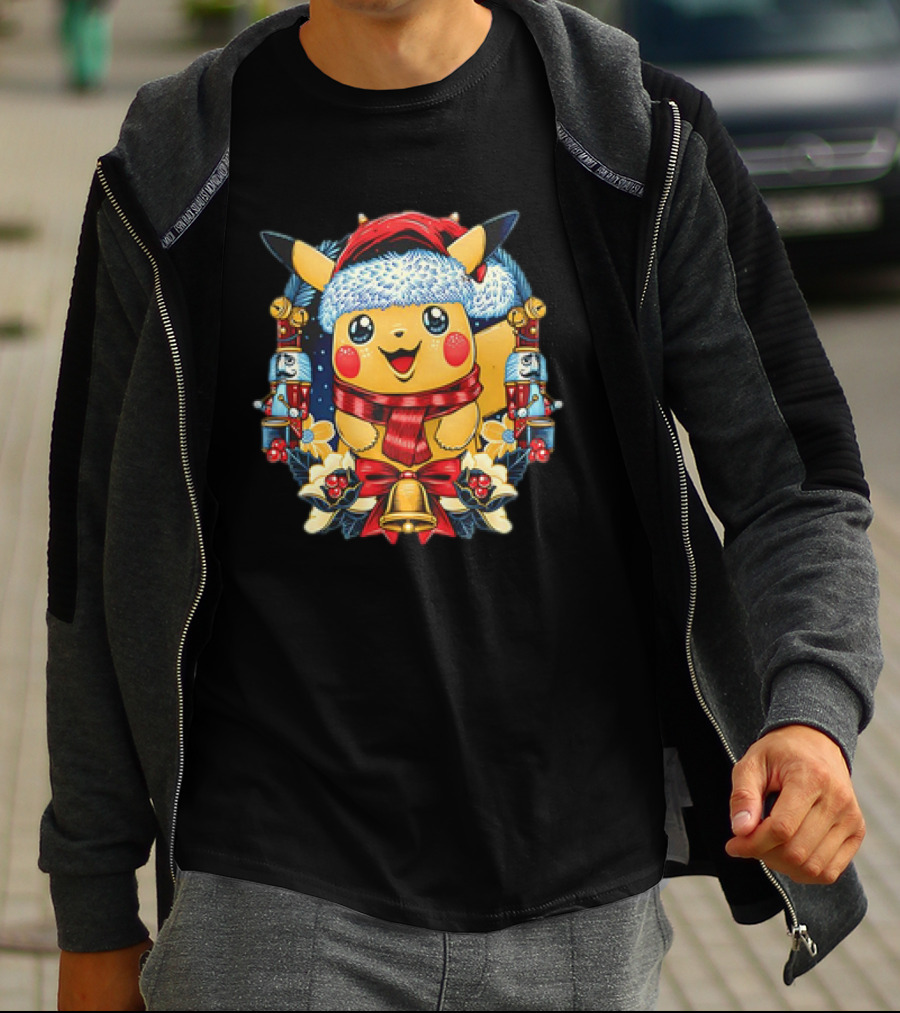 Pikachu Christmas Hat Scarf Nutcracker Bells Pokémon Holiday T-Shirt