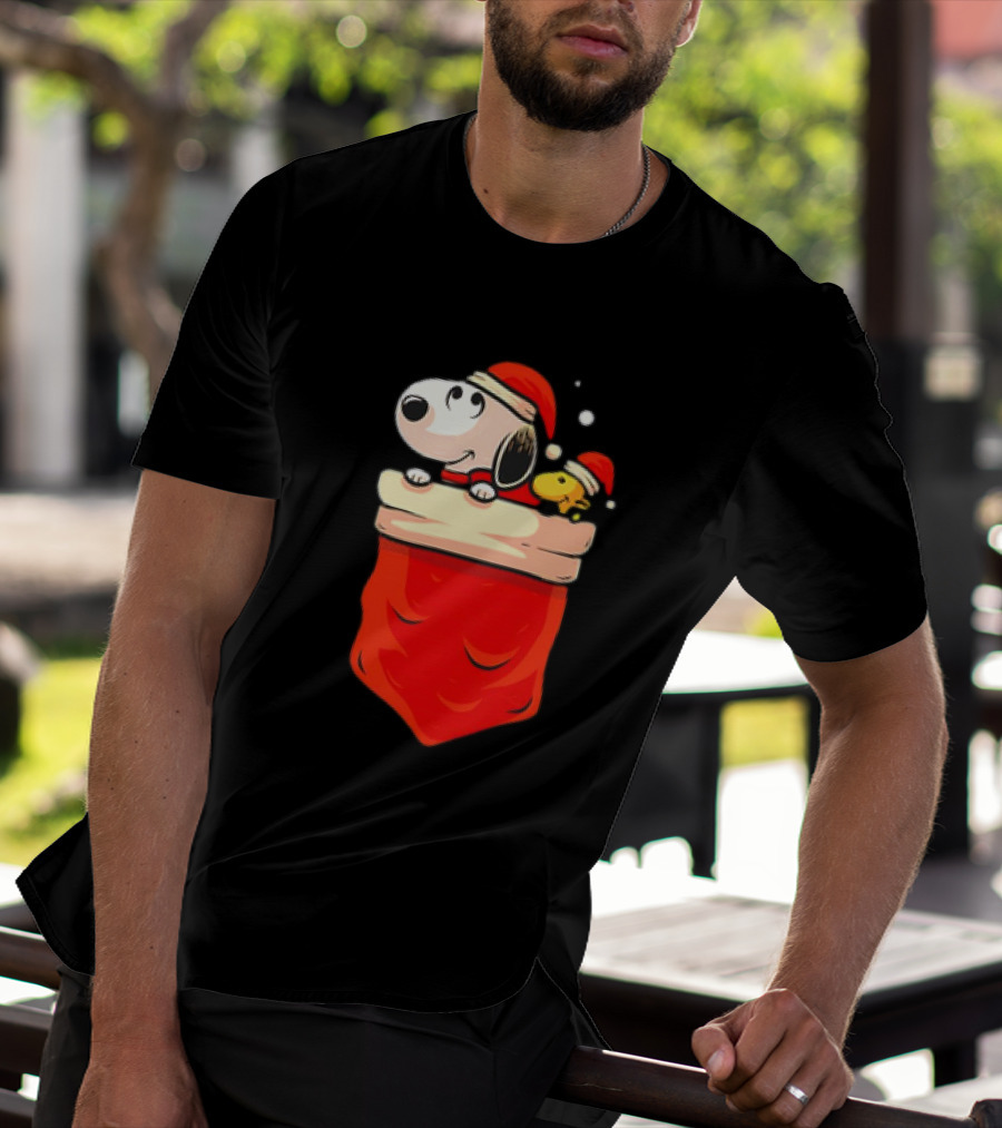 Snoopy And Woodstock Christmas Santa Hats In Red Pocket T-Shirt