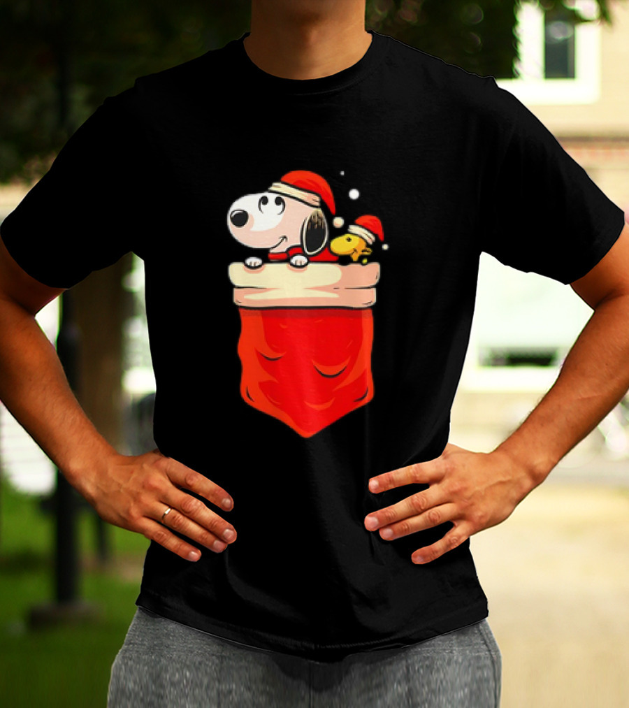 Snoopy And Woodstock Christmas Santa Hats In Red Pocket T-Shirt