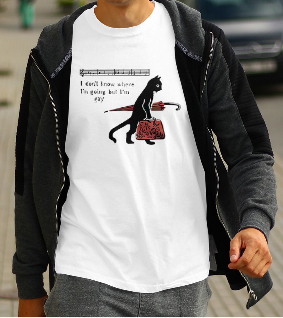 I Don't Know Where I'm Going But I'm Gay Cat With Umbrella And Bag T-Shirt
