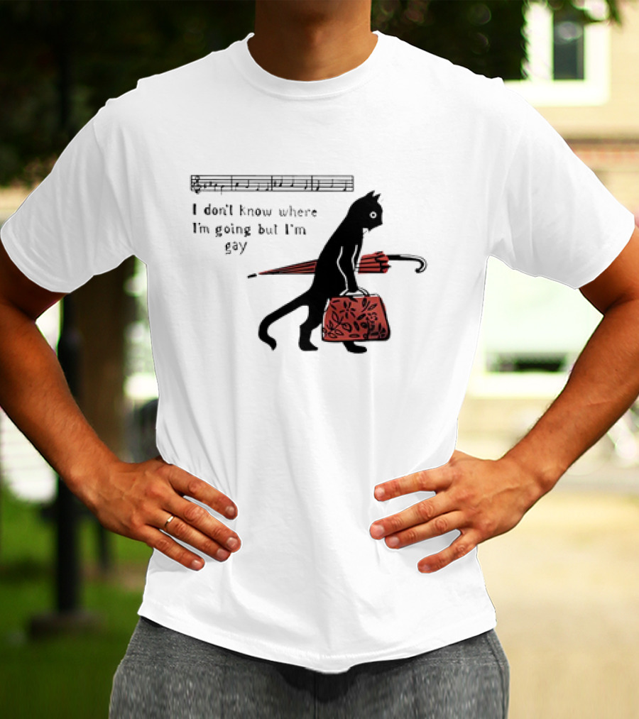 I Don't Know Where I'm Going But I'm Gay Cat With Umbrella And Bag T-Shirt