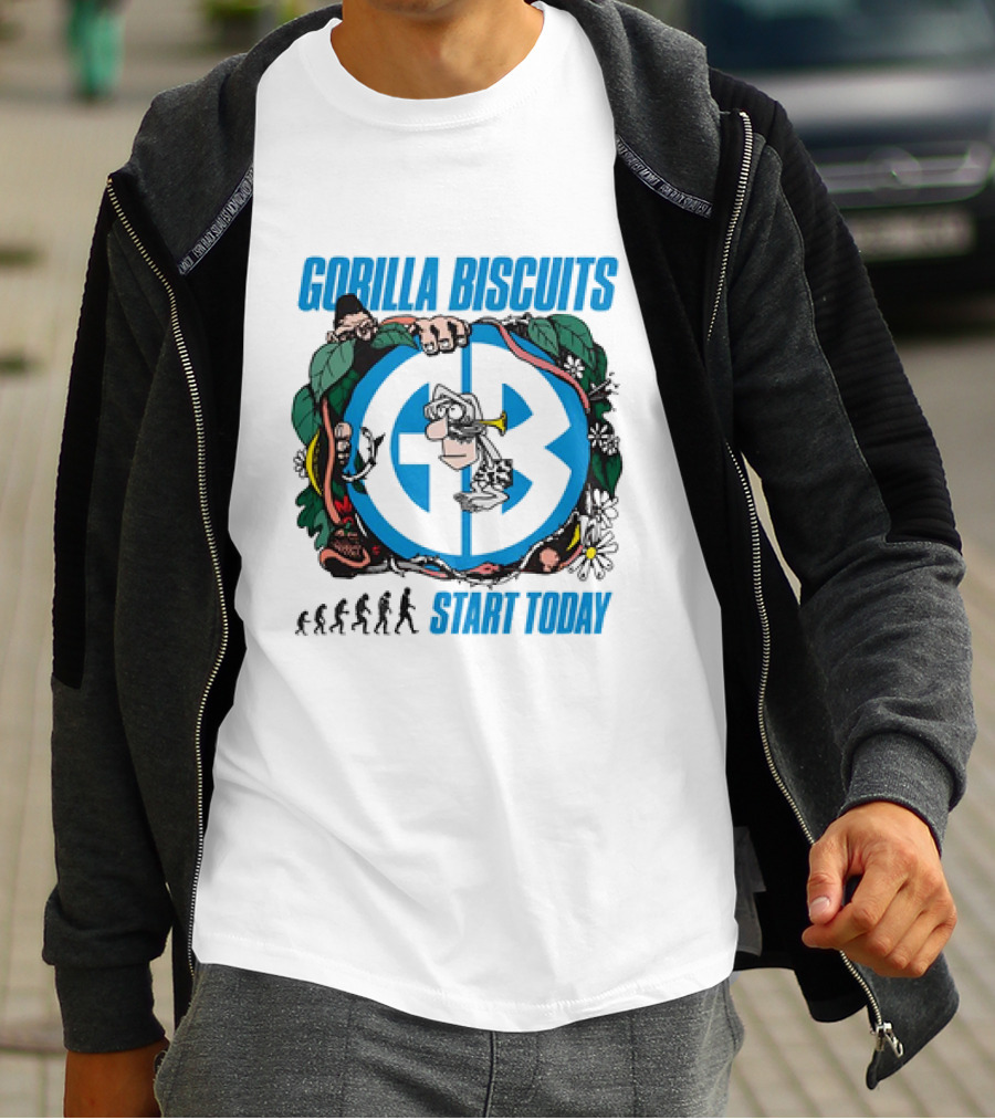 Gorilla Biscuits Start Today Evolution Theme Logo With Characters And Nature Elements T-Shirt