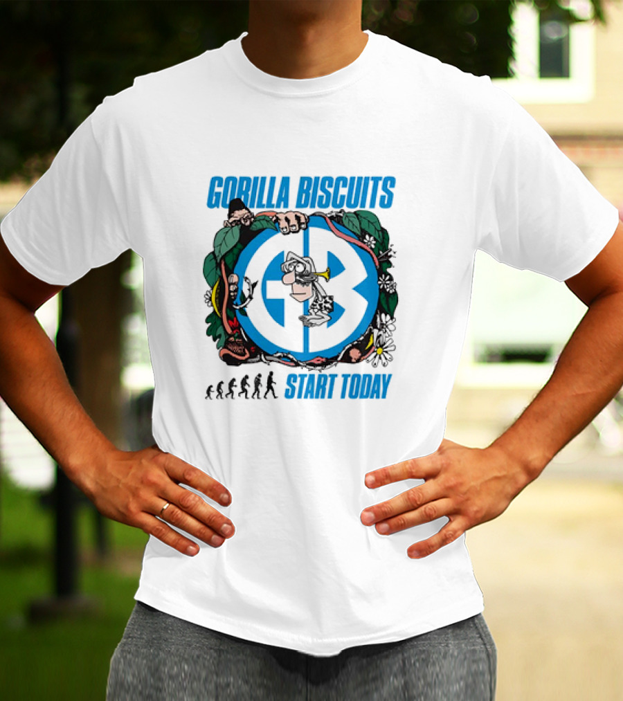 Gorilla Biscuits Start Today Evolution Theme Logo With Characters And Nature Elements T-Shirt
