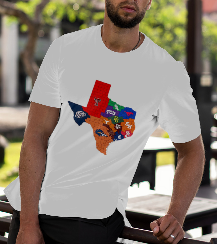 Map Of Texas College Football Teams Featuring TCU Baylor Texas A&M Texas Tech UTEP T-Shirt