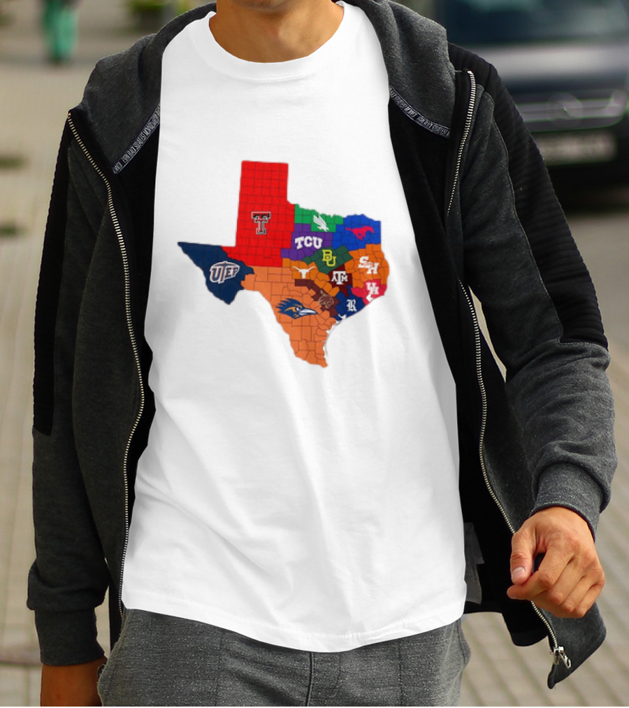 Map Of Texas College Football Teams Featuring TCU Baylor Texas A&M Texas Tech UTEP T-Shirt