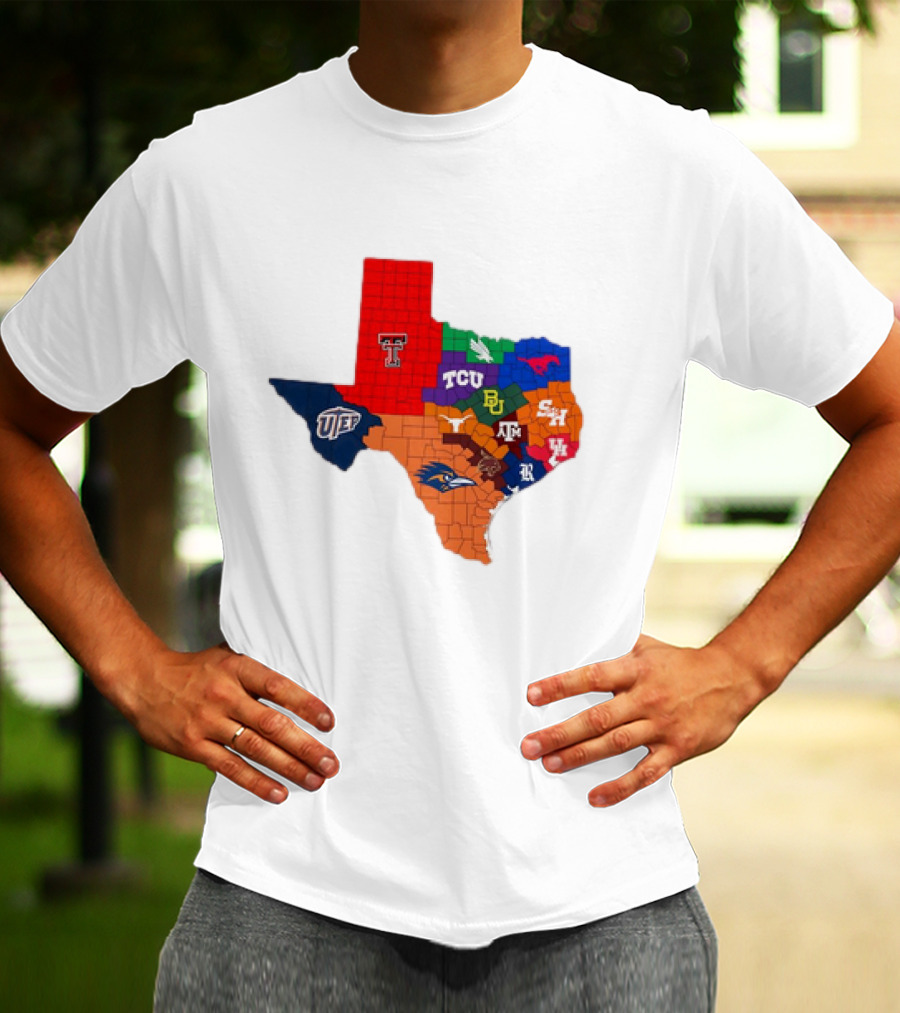 Map Of Texas College Football Teams Featuring TCU Baylor Texas A&M Texas Tech UTEP T-Shirt