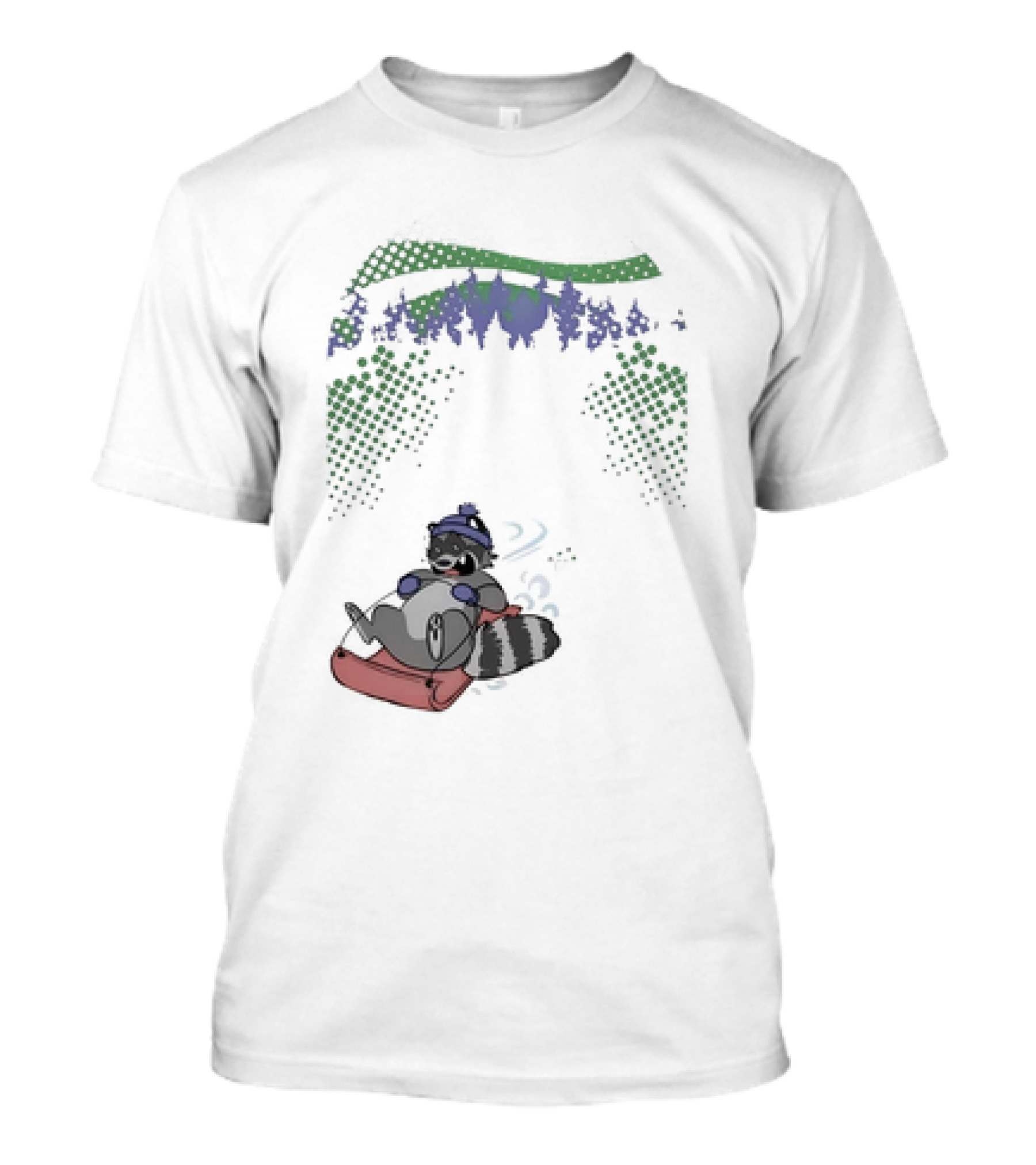 Raccoon Sledding In Winter Forest Scene With Evergreen Trees And Snowflakes T-Shirt