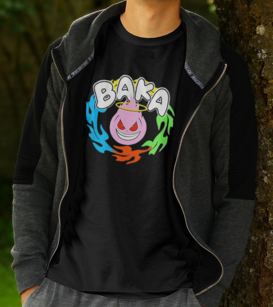 Baka Cartoon Flame With Mischievous Expression Surrounded By Colorful Fire Halo T-Shirt