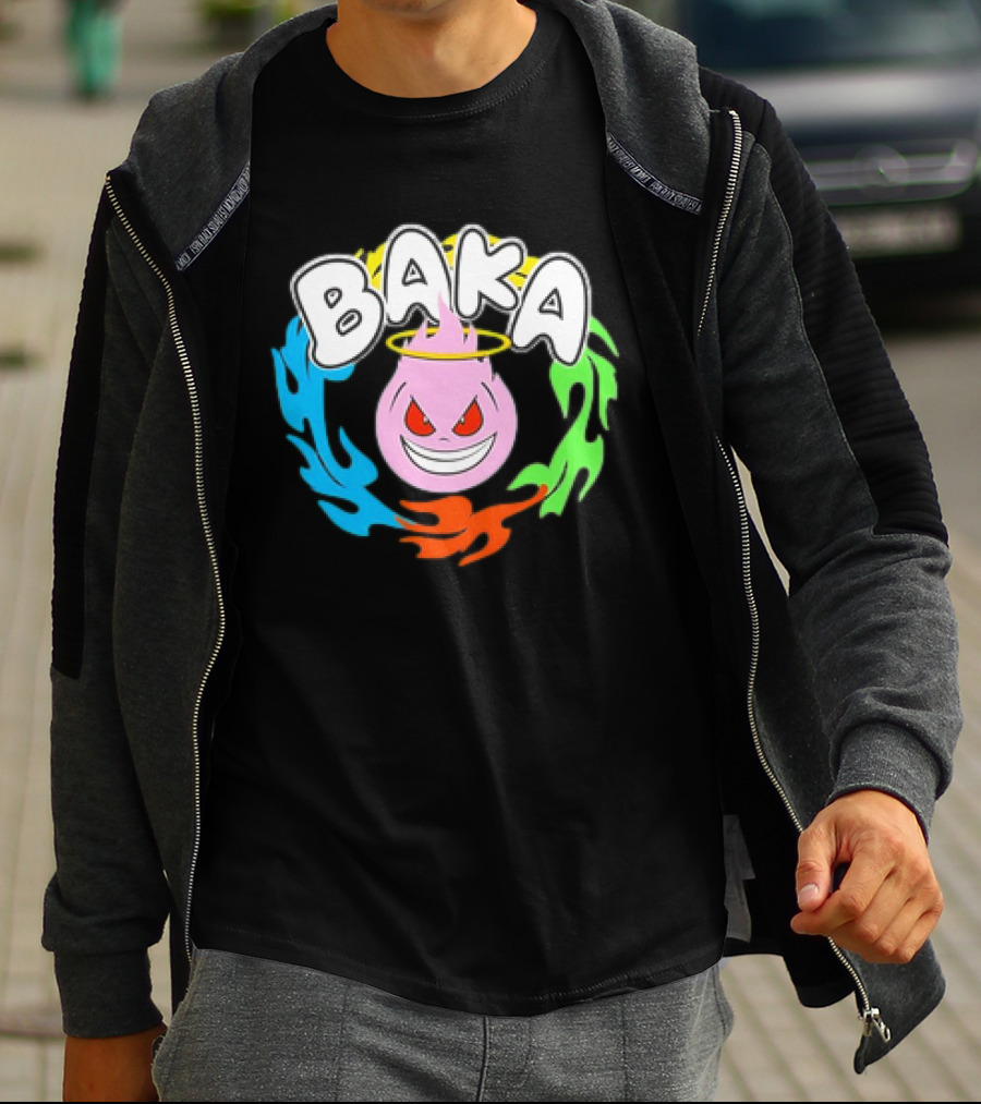 Baka Cartoon Flame With Mischievous Expression Surrounded By Colorful Fire Halo T-Shirt