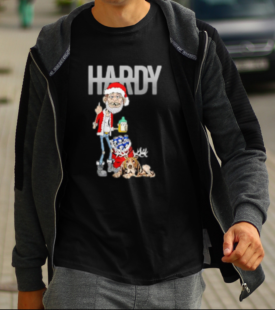 Hardy Jim Bob Holiday Christmas Santa With Beer And Reindeer Dog T-Shirt