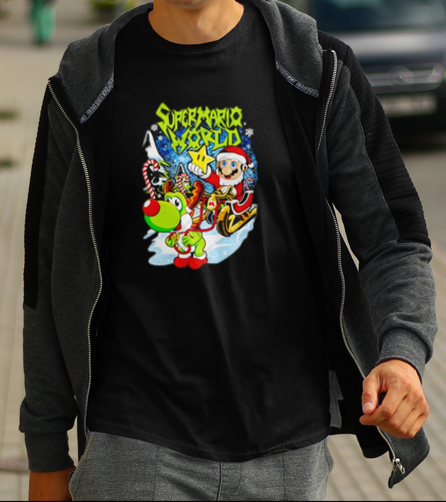 Super Mario World Santa Christmas Reindeer Sleigh Ride Scene T-Shirt