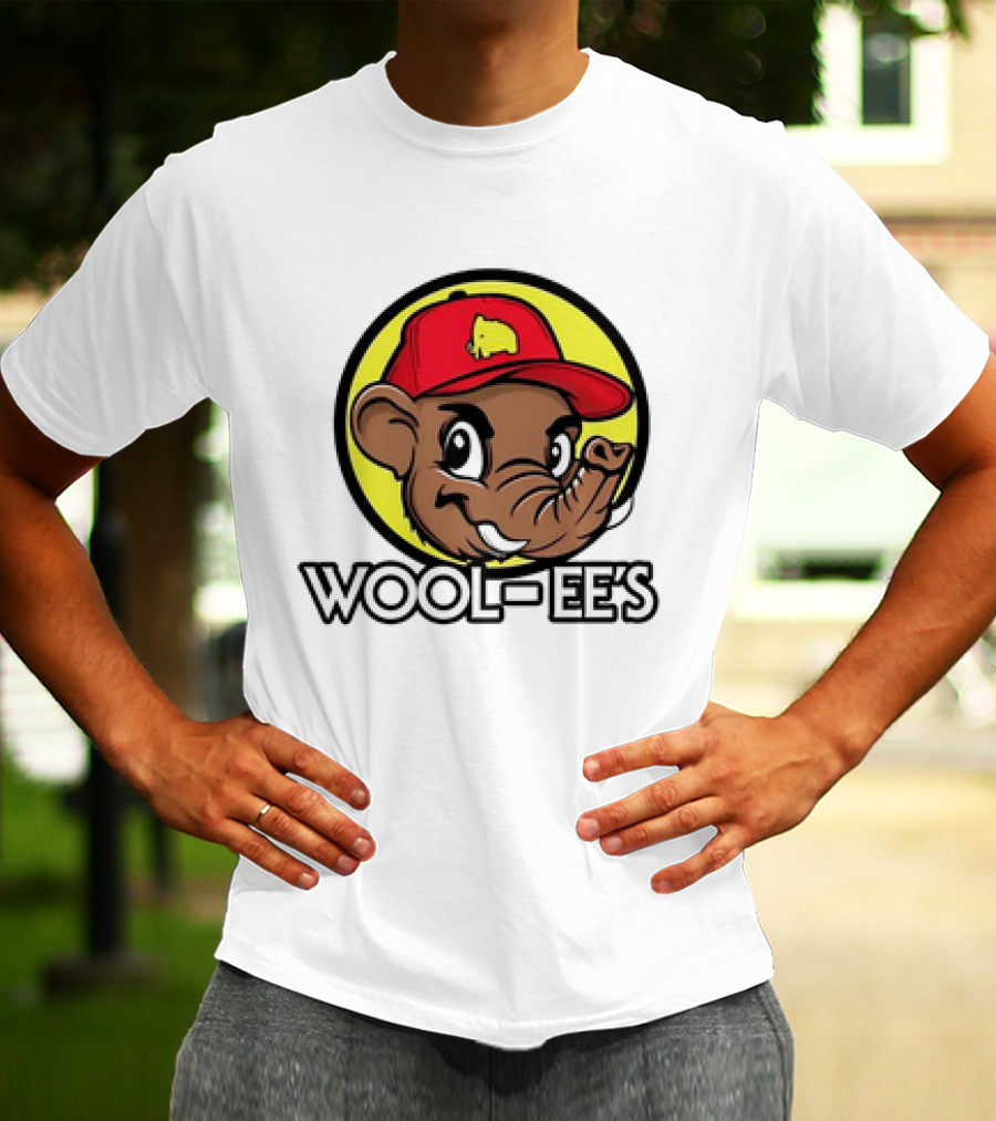 Wool-Ee’s Woolly Mammoth Cartoon Character In Red Cap With Yellow Background T-Shirt