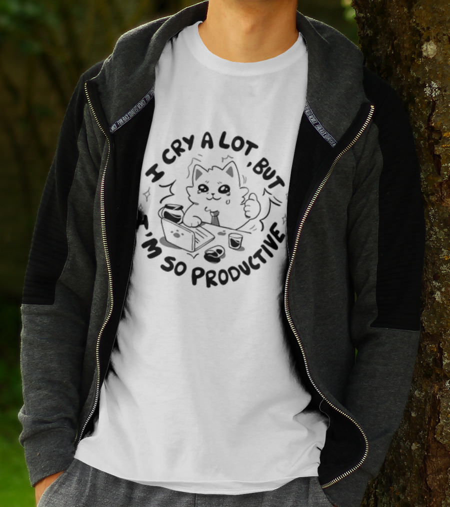 I Cry A Lot But I'm So Productive Cat Laptop Coffee Thumbs Up T-Shirt