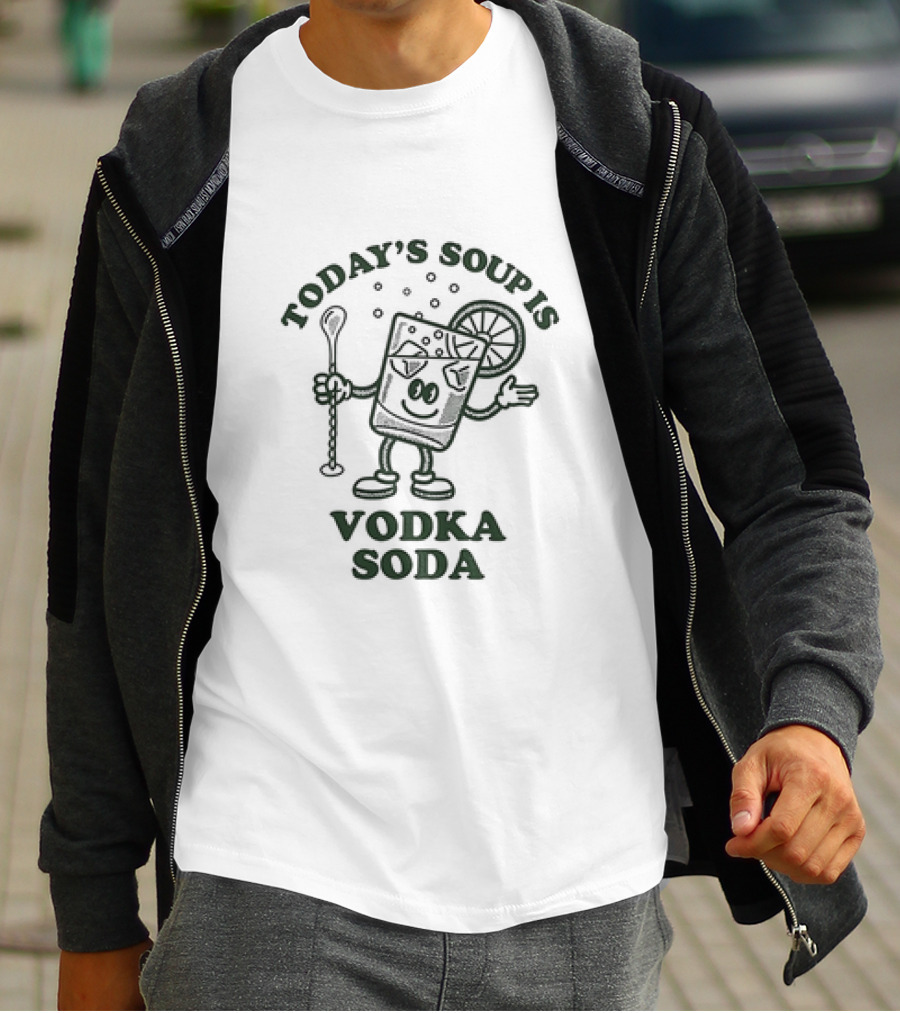 Today's Soup Is Vodka Soda Cartoon Glass Holding Stirrer With Lime Slice T-Shirt