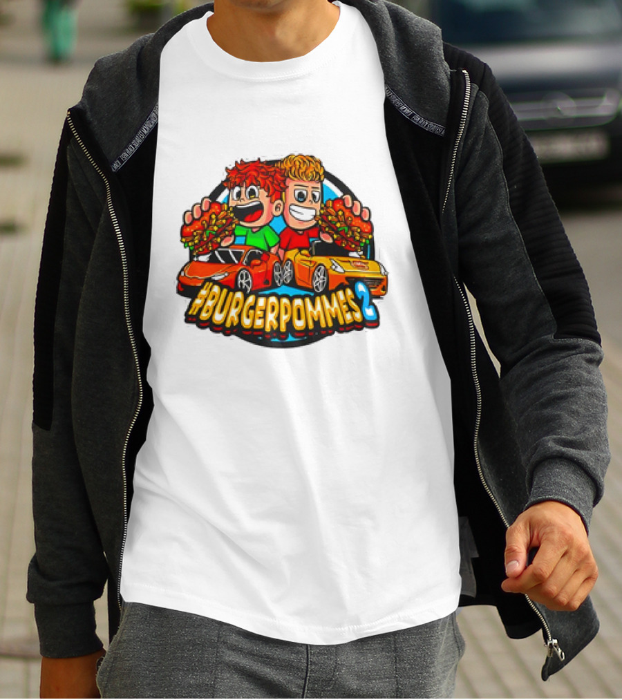 Burgerpommes 2 Cartoon Characters With Super Cars And Burgers T-Shirt