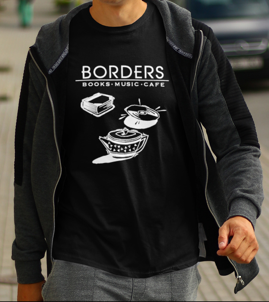 Borders Books Music Cafe Logo With Book, CD, And Teapot T-Shirt