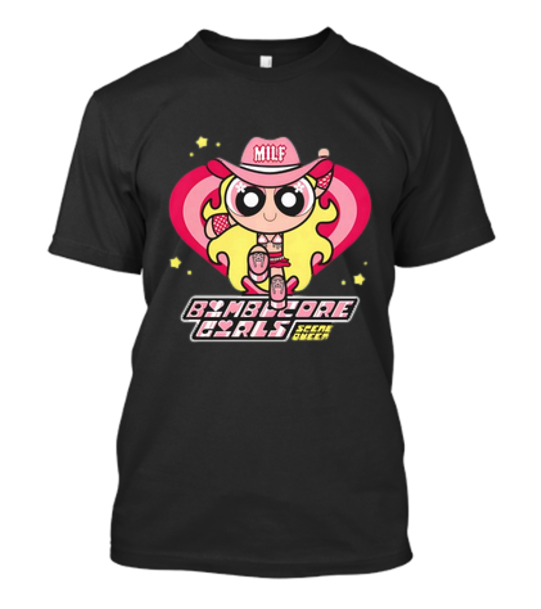 Bimbocore Girls Scene Queen Powerpuff MILF Cowboy Hat Pink Heart Flame T-Shirt