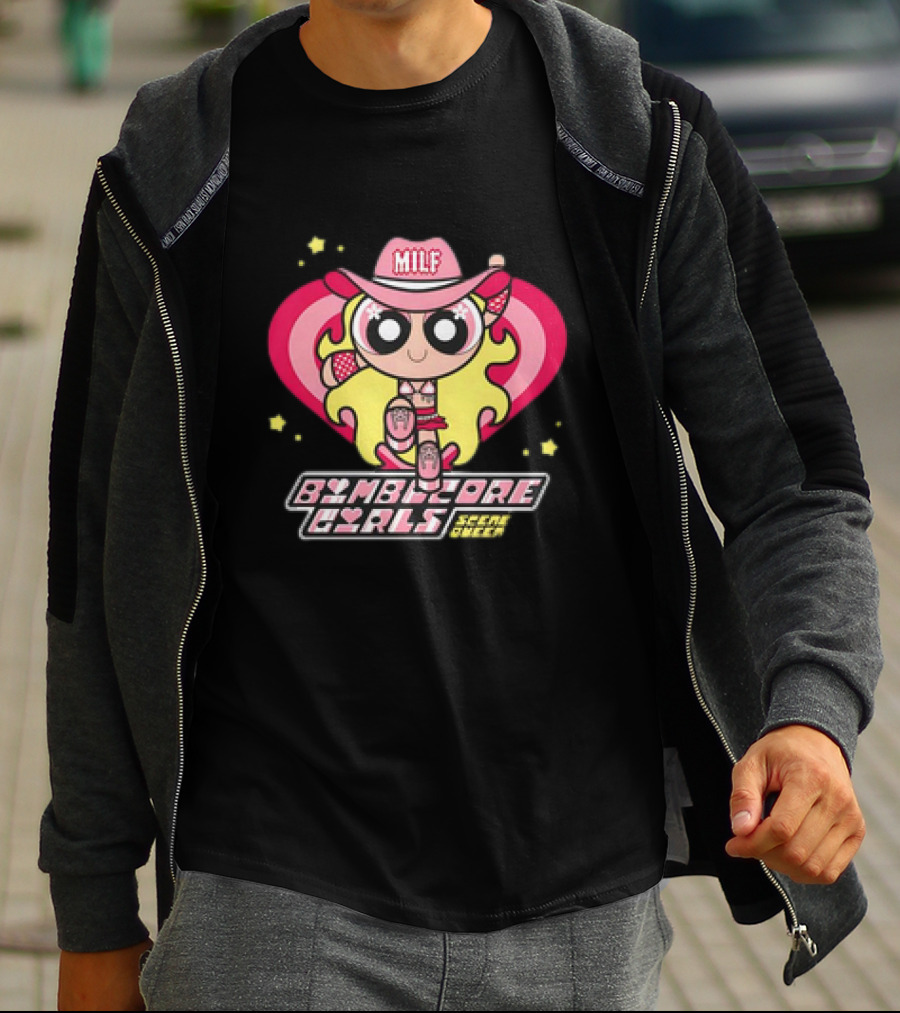 Bimbocore Girls Scene Queen Powerpuff MILF Cowboy Hat Pink Heart Flame T-Shirt