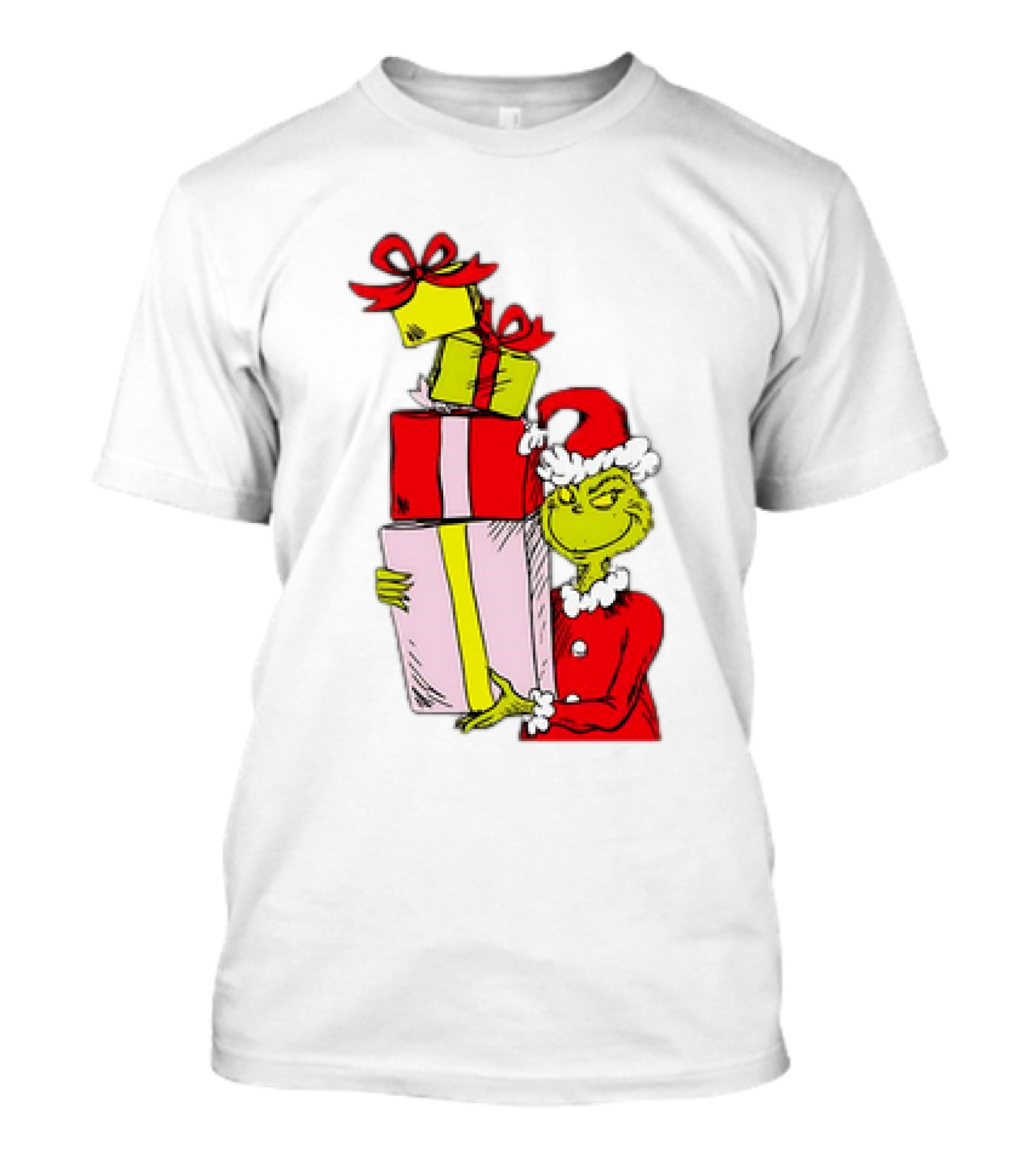 Grinch With Stacked Christmas Gifts Santa T-Shirt